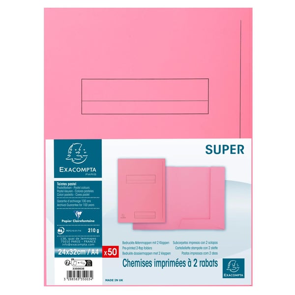Exacompta 5x Pakke med 50 trykte mapper med 2 klapper SUPER 210 - 24x32cm - Lyserød| 335003E