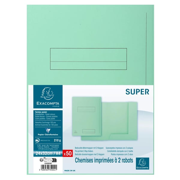 Exacompta 5x Pakke med 50 trykte mapper med 2 klapper SUPER 210 - 24x32cm - Lysegrøn 335004E