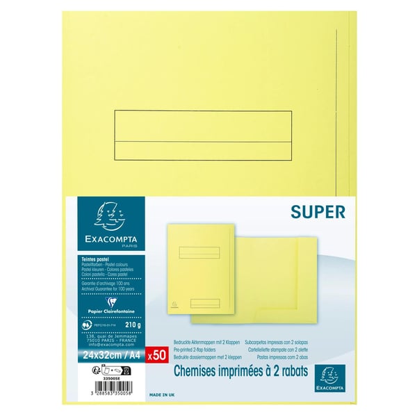 Exacompta 5x Pakke med 50 trykte mapper med 2 klapper SUPER 210 - 24x32cm - Canary 335005E