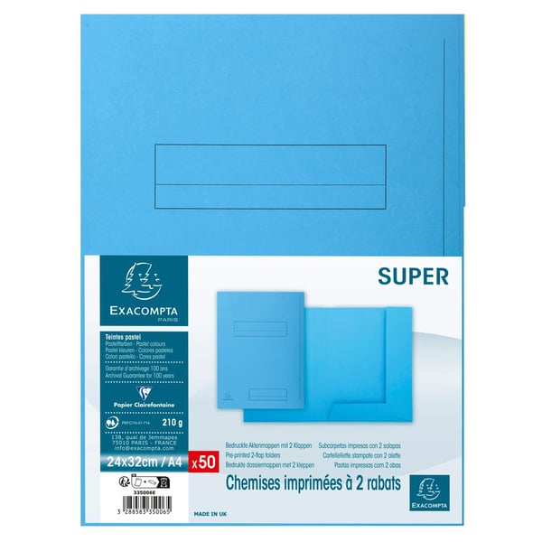 Exacompta 5x Pakke med 50 trykte mapper med 2 klapper SUPER 210 - 24x32cm - Lyseblå 335006E