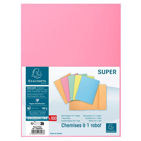 Exacompta 5x Pakke med 100 stk. 1 flapmapper SUPER 160 - 24x32cm - Lyserød| 348003E