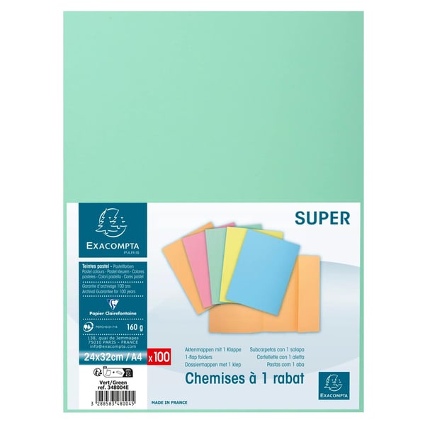 Exacompta 5x Pakke med 100 stk. 1 flapmapper SUPER 160 - 24x32cm - Lysegrøn 348004E