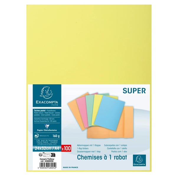 Exacompta 5x Pakke med 100 stk. 1 flapmapper SUPER 160 - 24x32cm - Canary 348005E