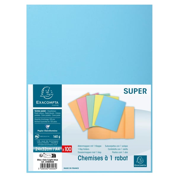 Exacompta 5x Pakke med 100 stk. 1 flapmapper SUPER 160 - 24x32cm - Lyseblå 348006E