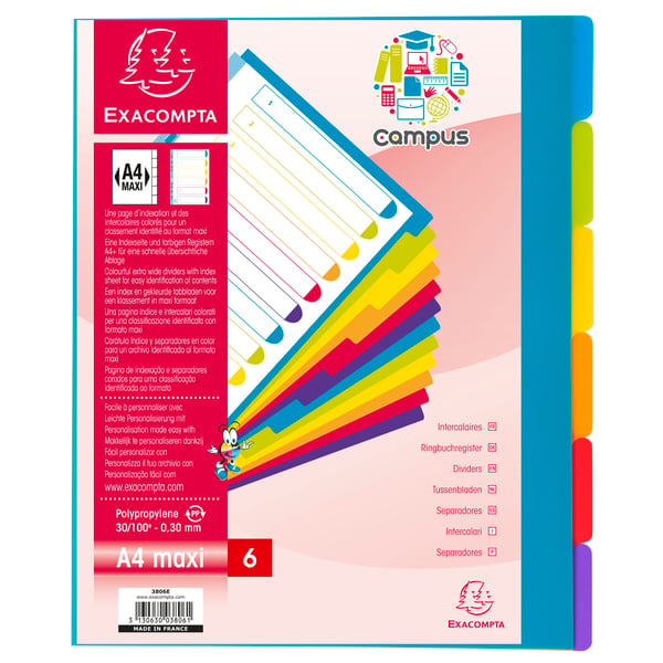 Exacompta 25x Campus PP Dividers, A4 maxi, 6 dele - Gennemsigtig 3806E