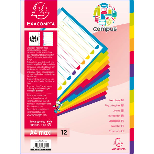 Exacompta 15x Campus PP Dividers, A4 maxi (12 dele) - Gennemsigtig 3812E