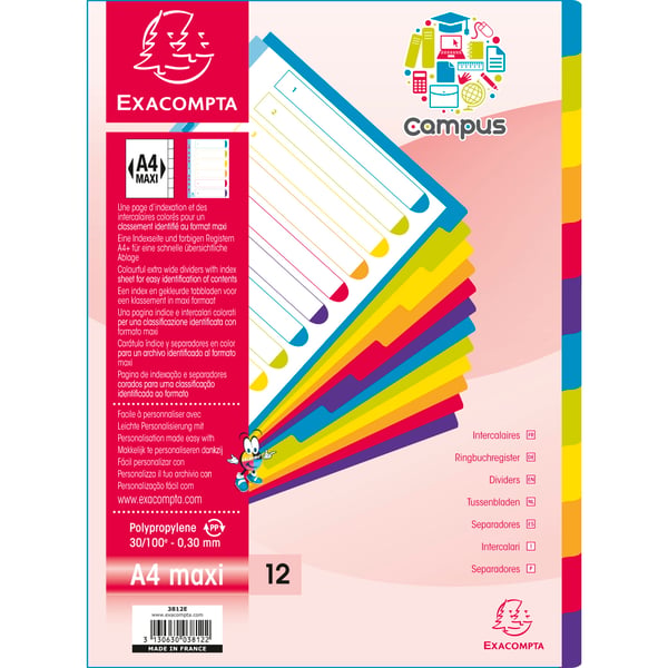 Exacompta 15x Campus PP Dividers, A4 maxi (12 dele) - Gennemsigtig 3812E