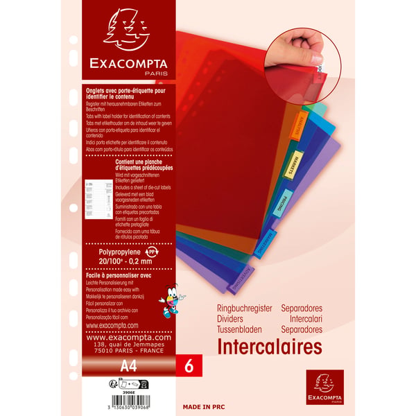 Exacompta 10x PP Dividers, A4, 6 dele - assorterede farver 3906E