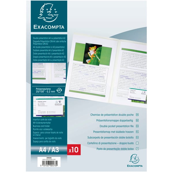 Exacompta 2x Pose med 10 praesentationsmapper med dobbelt side af blødt polypropylen 200 mikron - A4/A3 - Krystal 3965E