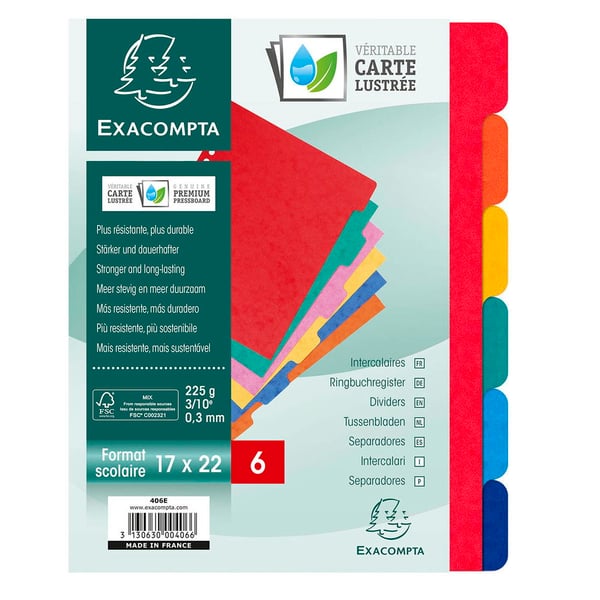 Exacompta 20x Dividers Premium Pressboard, 220x170mm, 225gsm, 6 dele - assorterede farver 406E
