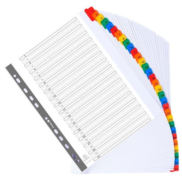 Exacompta 10x Mylar trykte indekser, A4 Maxi, 31 del 1 til 31 - hvid 4131E
