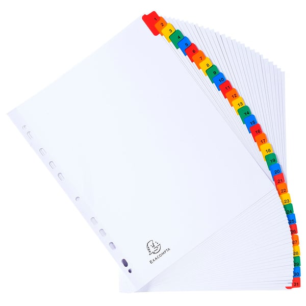 Exacompta 10x Mylar trykte indekser, A4 Maxi, 31 del 1 til 31 - hvid 4131E