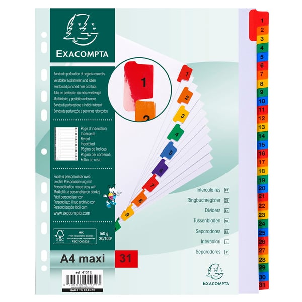 Exacompta 10x Mylar trykte indekser, A4 Maxi, 31 del 1 til 31 - hvid 4131E