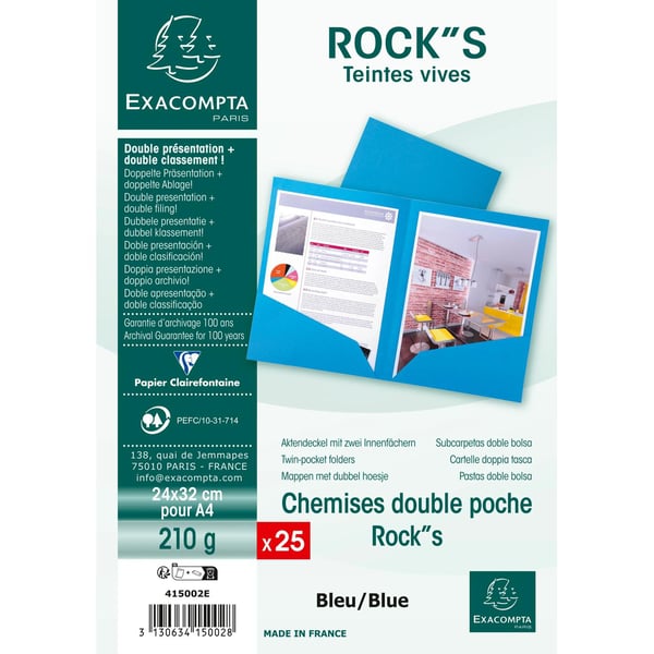 Exacompta 10x Pakke med 25 dobbeltlommemapper ROCK S 210 dobbelt A4 eller A3 - 24x32 - Blå 415002E
