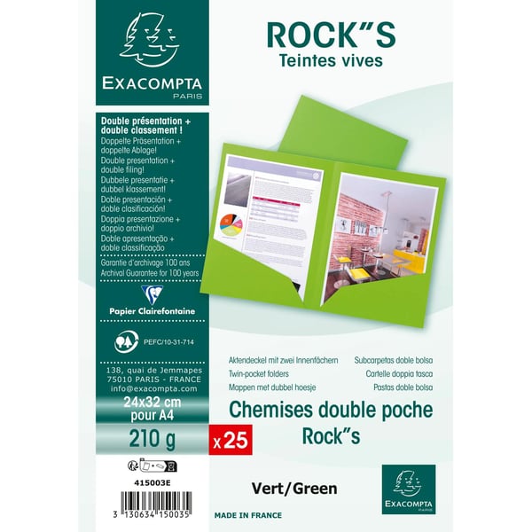 Exacompta 10x Pakke med 25 dobbeltlommemapper ROCK S 210 dobbelt A4 eller A3 - 24x32 - Grøn 415003E