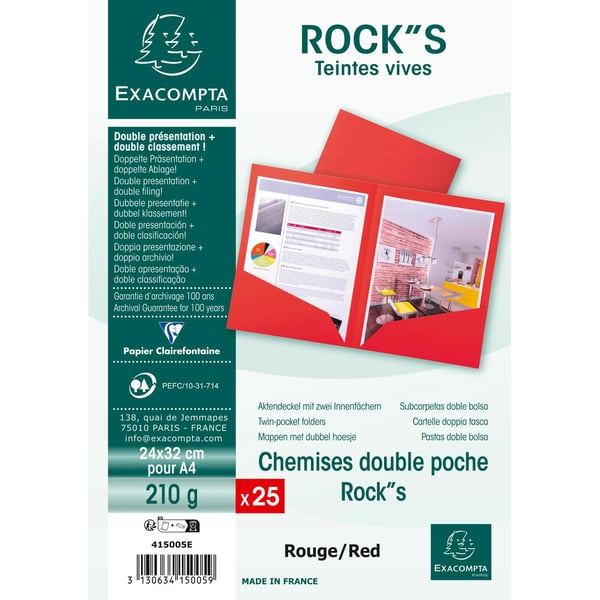 Exacompta 10x Pakke med 25 dobbeltlommemapper ROCK S 210 dobbelt A4 eller A3 - 24x32 - Rød 415005E