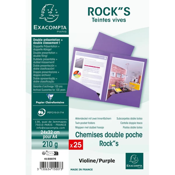 Exacompta 10x Pakke med 25 dobbeltlommemapper ROCK S 210 dobbelt A4 eller A3 - 24x32 - violine 415007E