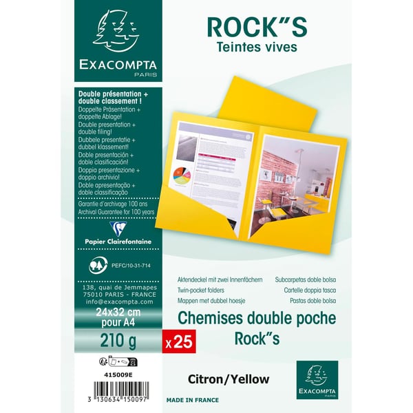 Exacompta 10x Pakke med 25 dobbeltlommemapper ROCK S 210 dobbelt A4 eller A3 - 24x32 - Gul citron 415009E