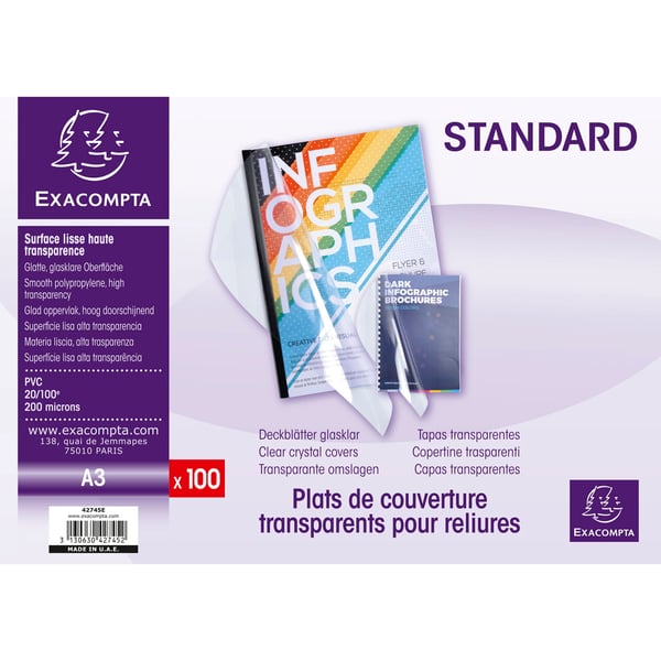 Exacompta AEske med 100 PVC-omslag til indbinding 0,2 mm - A3 - Krystal 42745E
