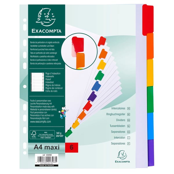 Exacompta 20x Dividers, A4 maxi, 160gsm, 6 dele - hvid 4306E