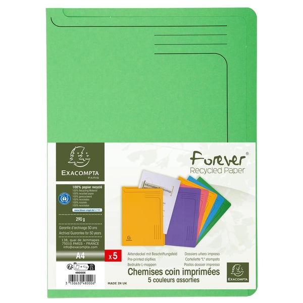 Exacompta 8x Forever Slip Files 290gsm 22x31cm Assorted Pack of 5 - assorterede farver 48000E