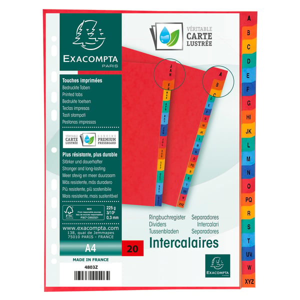 Exacompta 5x trykte indekser i pap, A4, 225 gsm, 20 dele A til Z - assorterede farver 4803Z