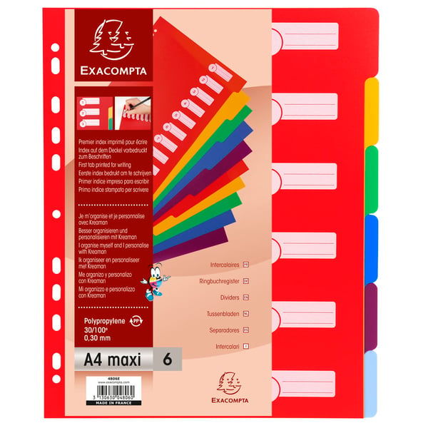 Exacompta 25x PP Dividers, A4 Maxi, 6 dele - assorterede farver 4806E
