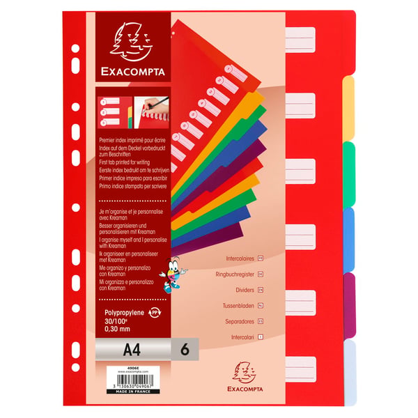 Exacompta 25x PP-inddelere, A4, 6 dele - assorterede farver 4906E