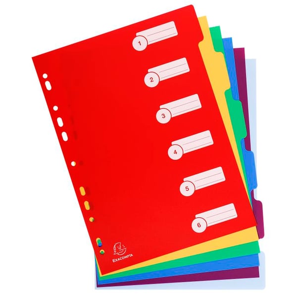Exacompta 25x PP-inddelere, A4, 6 dele - assorterede farver 4906E
