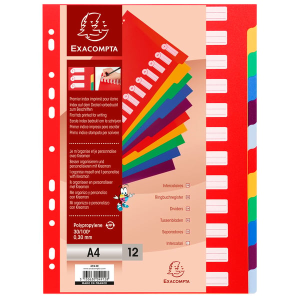 Exacompta 15x PP Dividers, A4, 12 dele - assorterede farver 4912E