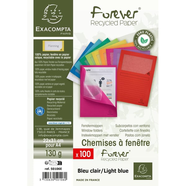 Exacompta 4x Forever genanvendt vinduesmappe, A4 (pakke 100) - Lyseblå 50106E