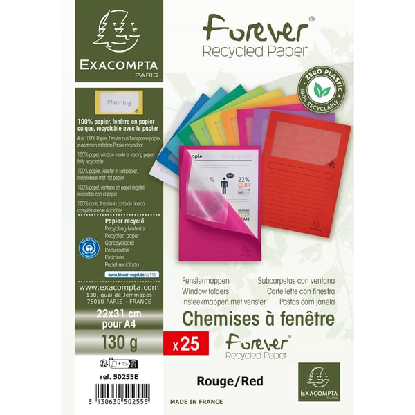 Exacompta 16x Forever genbrugte vinduesmapper (pakke med 25 stk.) - Rød 50255E