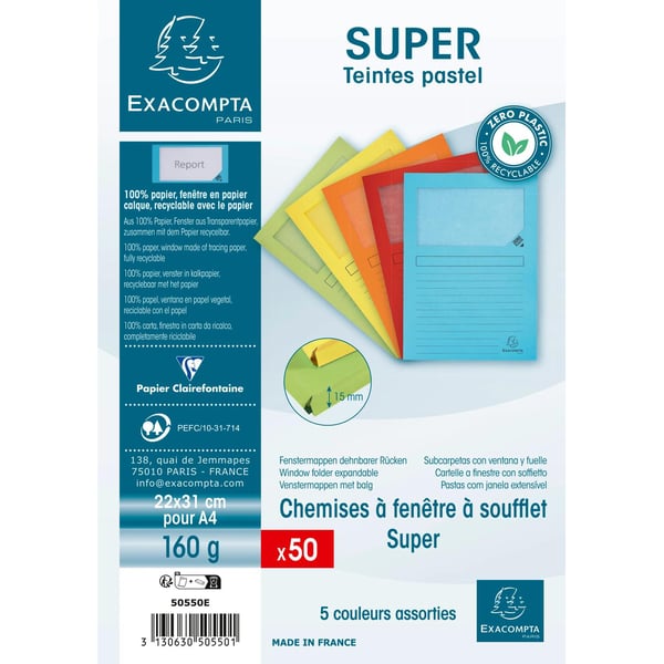 Exacompta 8x 'Super' Zero Plastic Expandable Window Folders, A4 - assorterede farver 50550E