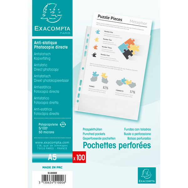 Exacompta 10x Pose med 100 perforerede hullommer Polypropylen kornede - A5 - Krystal 51000E