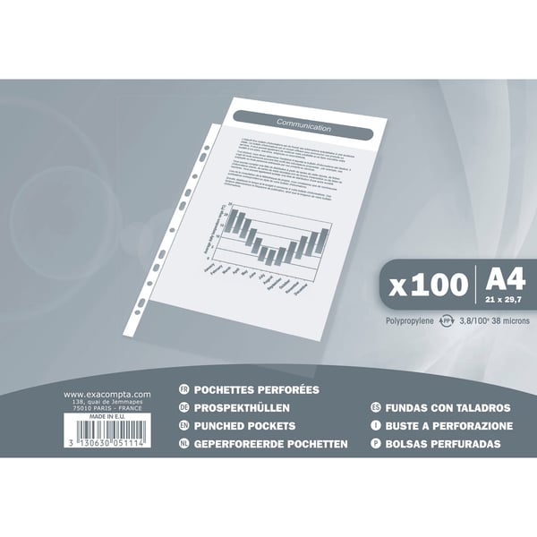 Exacompta 10x perforerede lommer/plastoversigter (A4) kornede Economy PP 38 mikron (pose med 100 stk.) - gennemskinnelig krystal 5111E