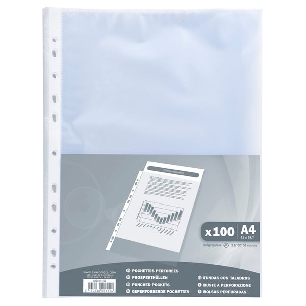 Exacompta 10x perforerede lommer/plastoversigter (A4) kornede Economy PP 38 mikron (pose med 100 stk.) - gennemskinnelig krystal 5111E