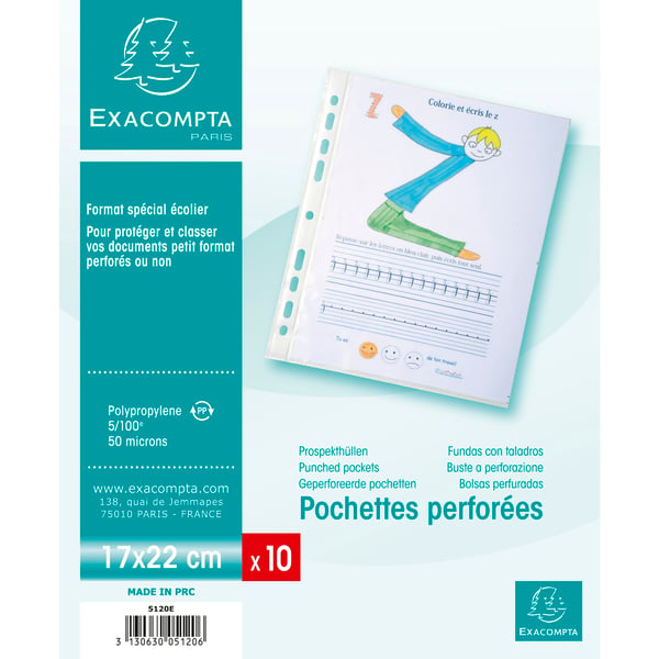 Exacompta 10x Pk 10 perforerede lommer, PP, 17x22cm, 0,05mm - Krystal 5120E