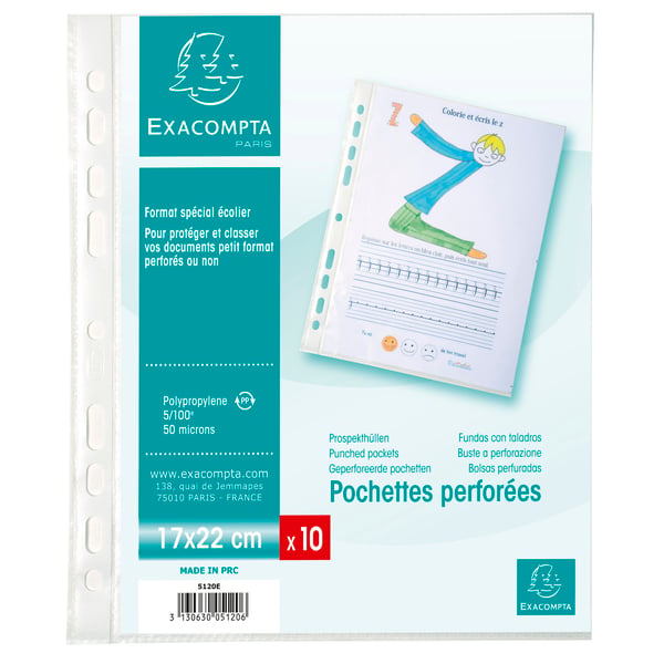 Exacompta 10x Pk 10 perforerede lommer, PP, 17x22cm, 0,05mm - Krystal 5120E