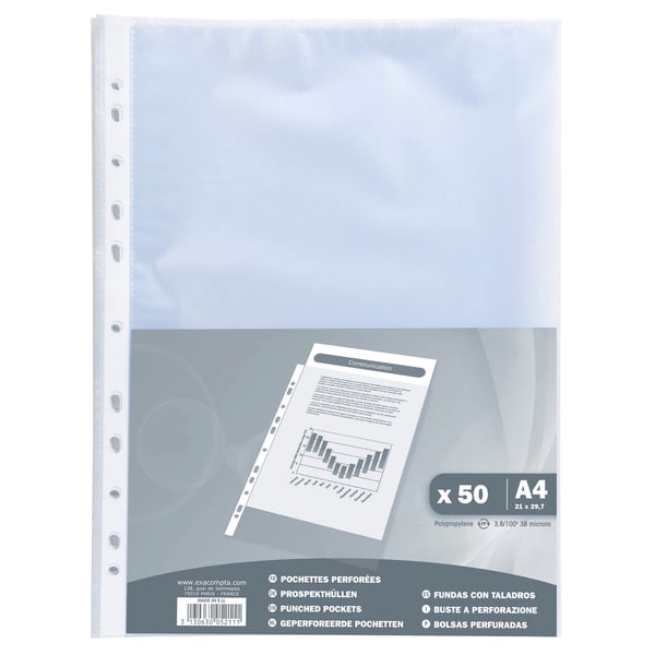 Exacompta 20x Pose med 50 stansede lommer A4 Kornet PP 38micron - gennemskinnelig krystal 5211E