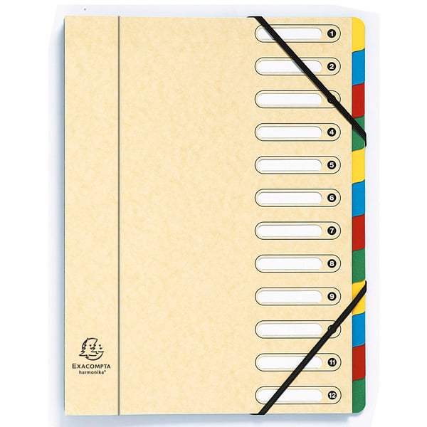Exacompta 6x Harmonika Multipart File, A4, 12 sektioner, 425gsm - assorterede farver 5312E