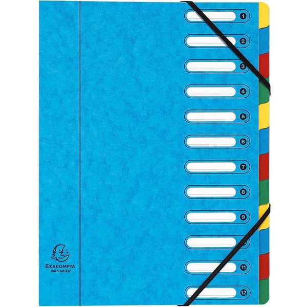 Exacompta 6x Harmonika Multipart File, A4, 12 sektioner, 425gsm - assorterede farver 5312E