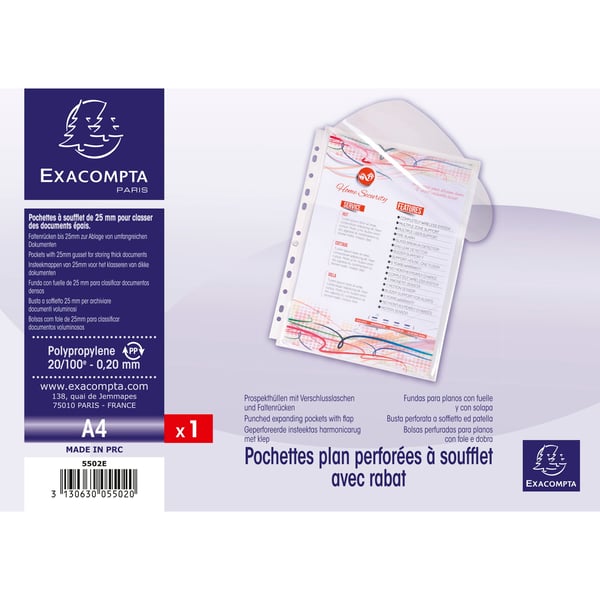 Exacompta 50x Ekspanderende stansede lommer med klap, A4, klar - farveløs 5502E