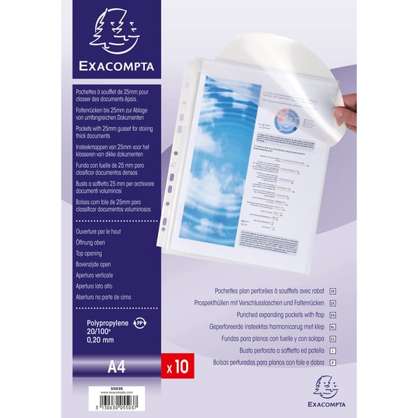 Exacompta 5x ekspanderende lommer med perforering, klar, A4, 10 stk. - Krystal 5503E