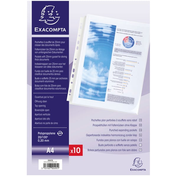 Exacompta 5x Ekspanderende perforerede lommer, A4, Klar, Pk 10 - Krystal 5507E