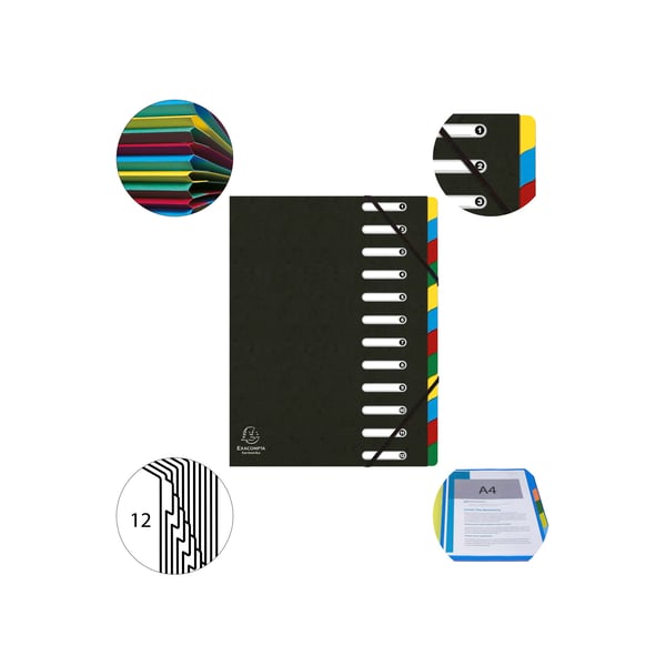 Exacompta 6x Harmonika Multipart File, A4, 12 sektioner, 425gsm - Sort 55121E