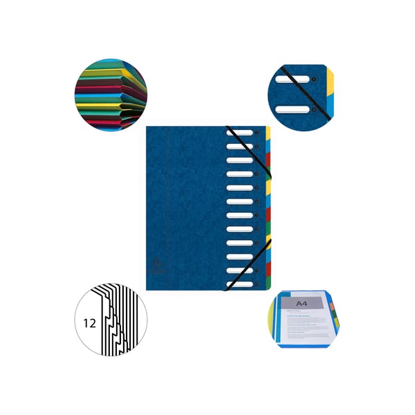 Exacompta 6x Harmonika Multipart File, A4, 12 sektioner, 425gsm - Blå 55122E