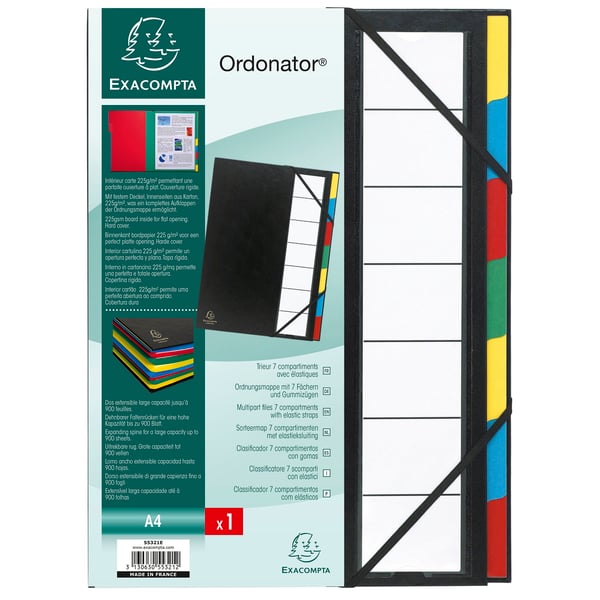 Exacompta 6x Flerdelte mappe Ordonator med ekspanderbar ryg og stift omslag, 7 rum, 7 rum - Sort 55321E