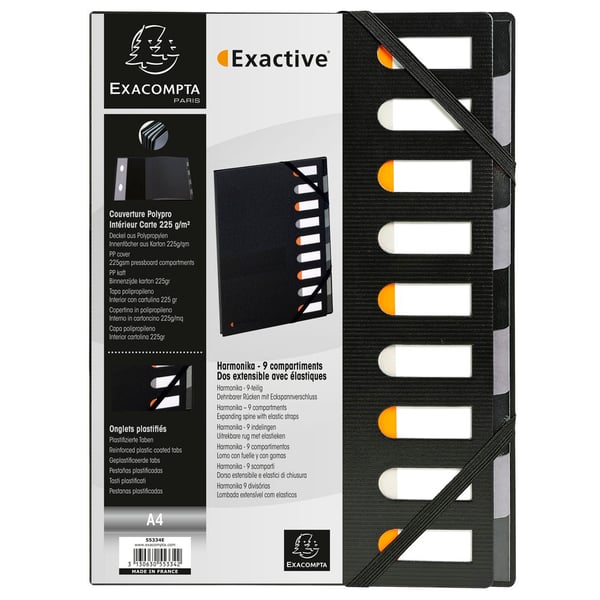 Exacompta 5x Exactive PP Harmonika multipartmappe, A4, 9 sektioner - Sort 55334E