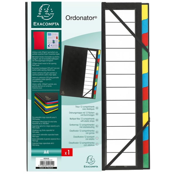Exacompta 6x Ordonator-mappe med udvidelig ryg og stift omslag, 12 rum - Sort 55341E