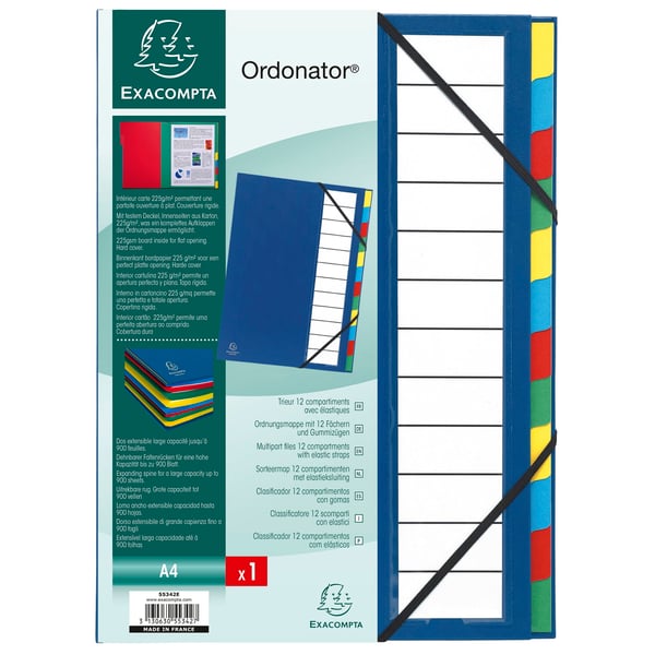 Exacompta 6x Ordonator-mappe med udvidelig ryg og stift omslag, 12 rum - Blå 55342E
